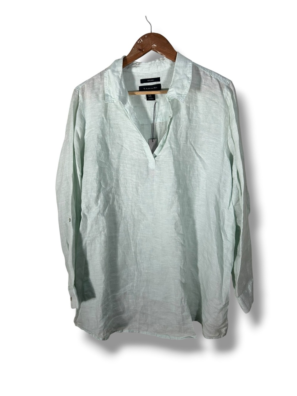 NWT Tahari Linen Mint Green Popover Blouse Size 1X
